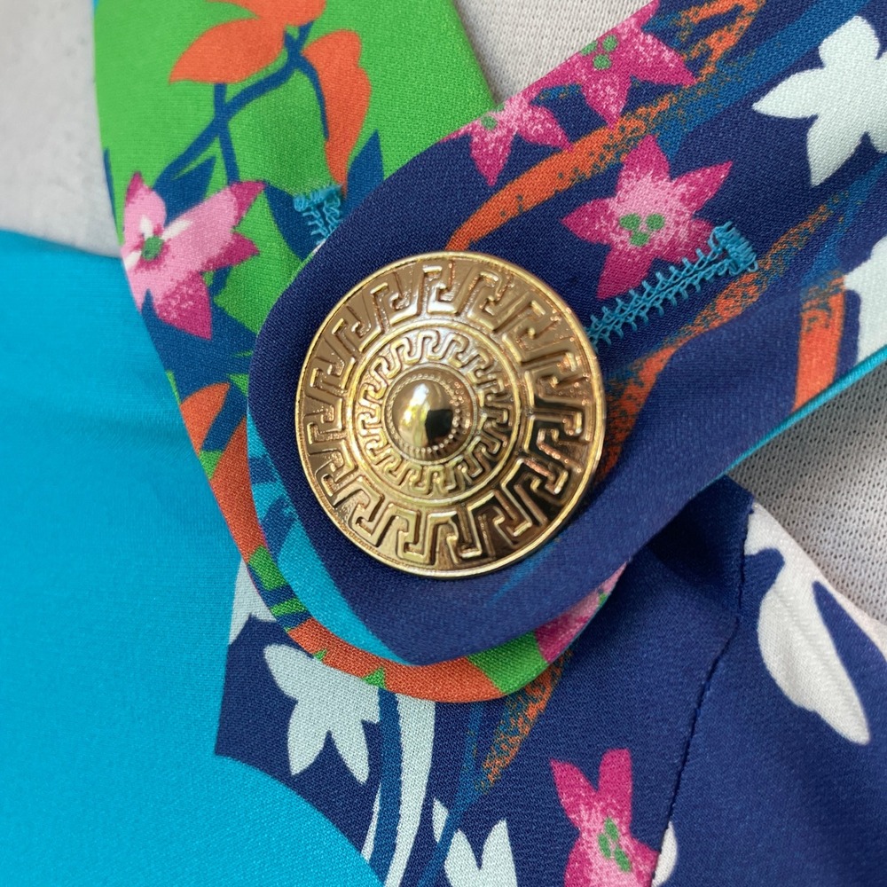 Versace H&M Womens 2 Blue Floral 100% Silk Mini Dress Pleated Gold Button - Picture 11 of 11